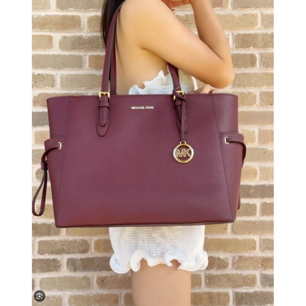 Michael Kors Gilly Large Tote Jet Set Travel Laptop Bag Oxblood Red Leather New - Picture 8 of 8